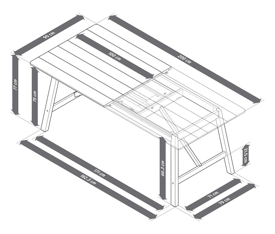 Na obrázku je rozkladací záhradný stôl s rustikálnym rámom, cca 200-250 cm, s príslušnými rozmermi.