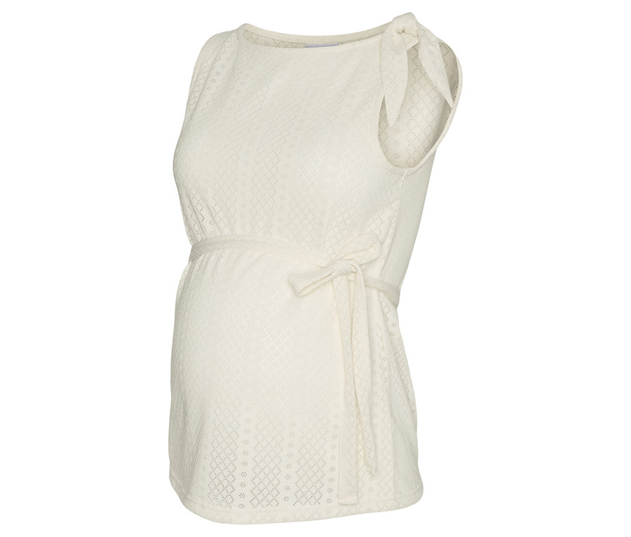 Biele tehotenské tielko bez rukávov s mašľou na ramene a viazaním pod prsiami.