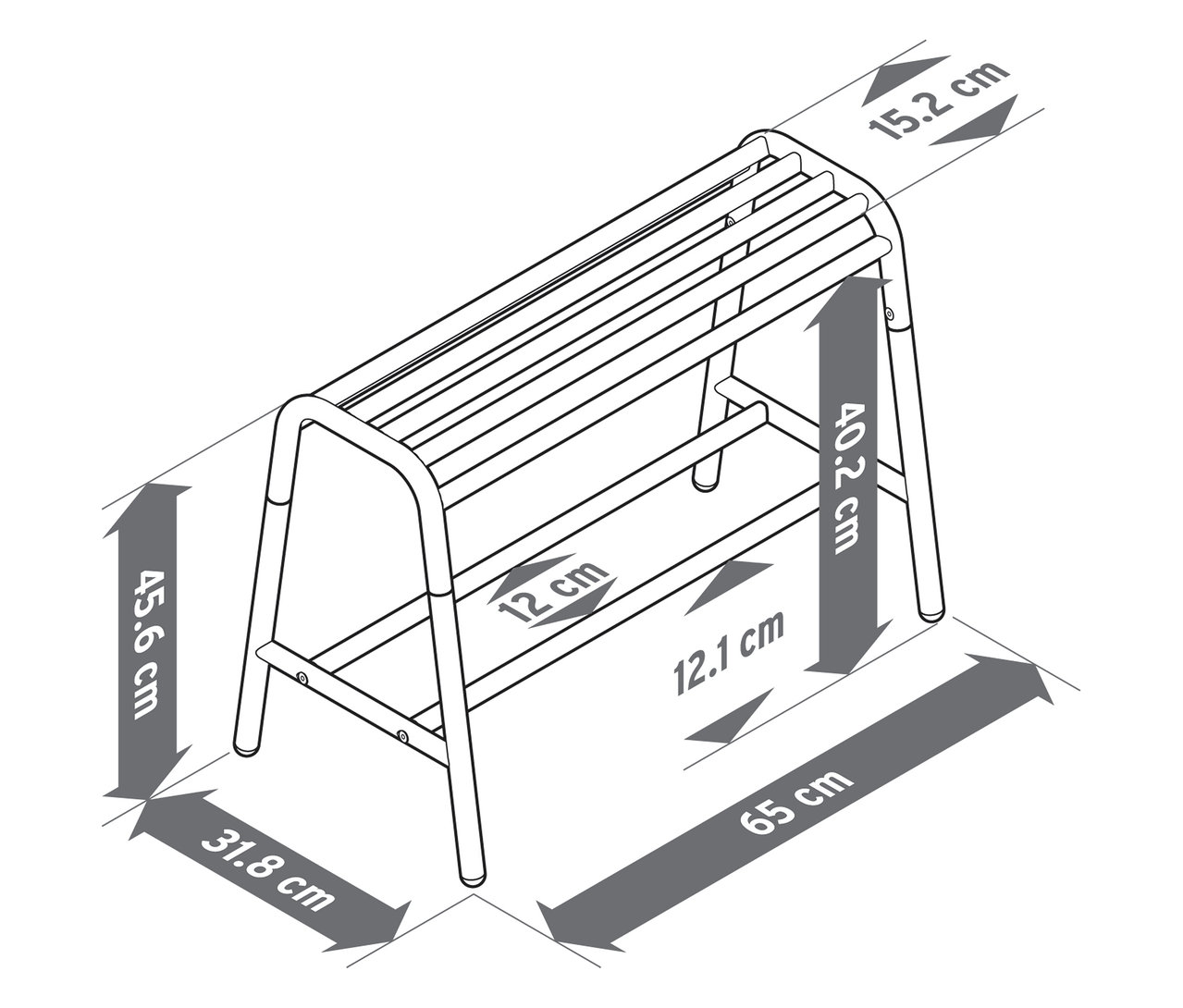 Nákres lavičky s policou a rozmermi.