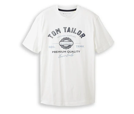 Biele tričko Tom Tailor s logom zobrazuje logo značky a nápis „Premium Quality Essentials“.