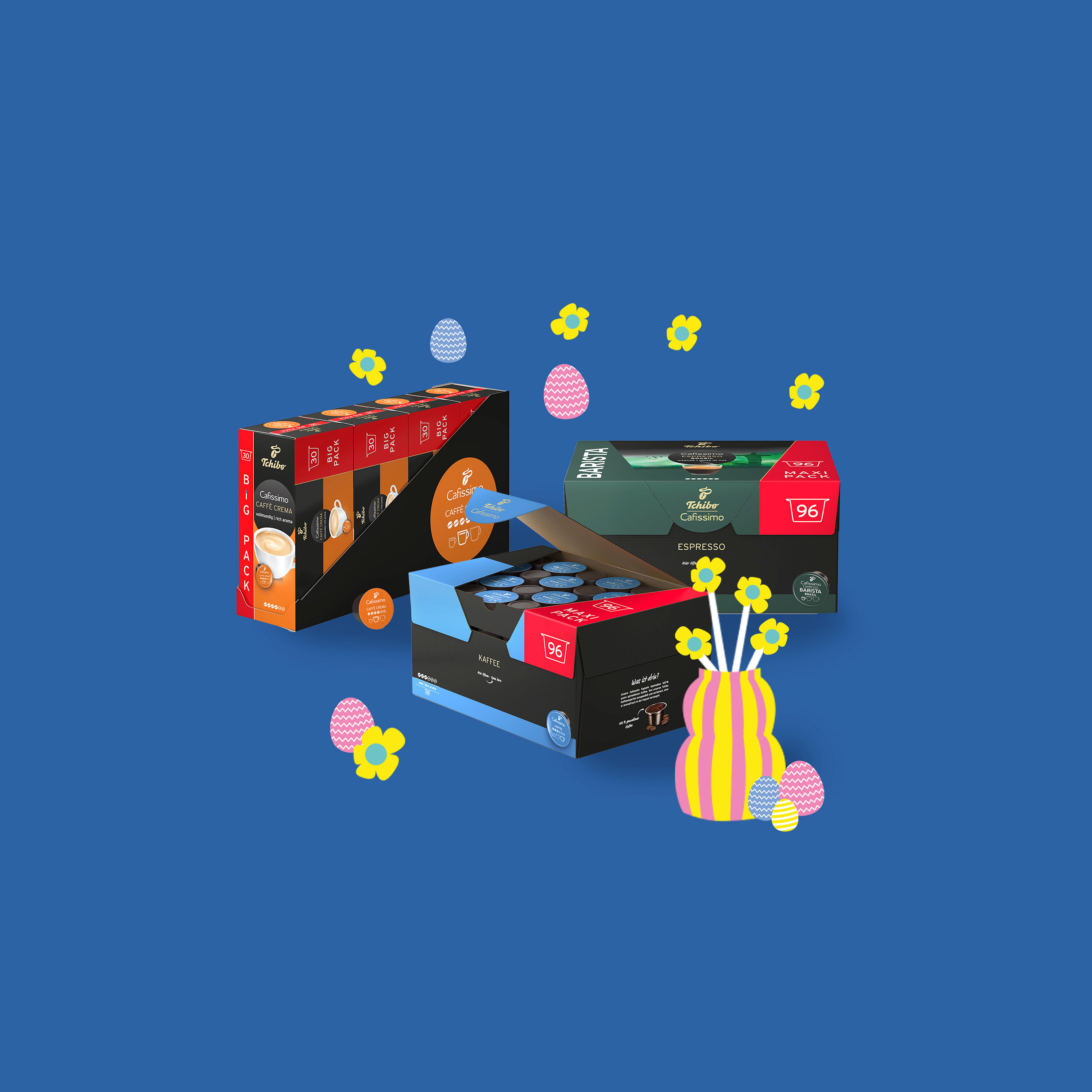 Na modrom pozadí sú balenia kapsúl Tchibo Cafissimo, váza s kvetmi a grafika kvetov a veľkonočných vajíčok.