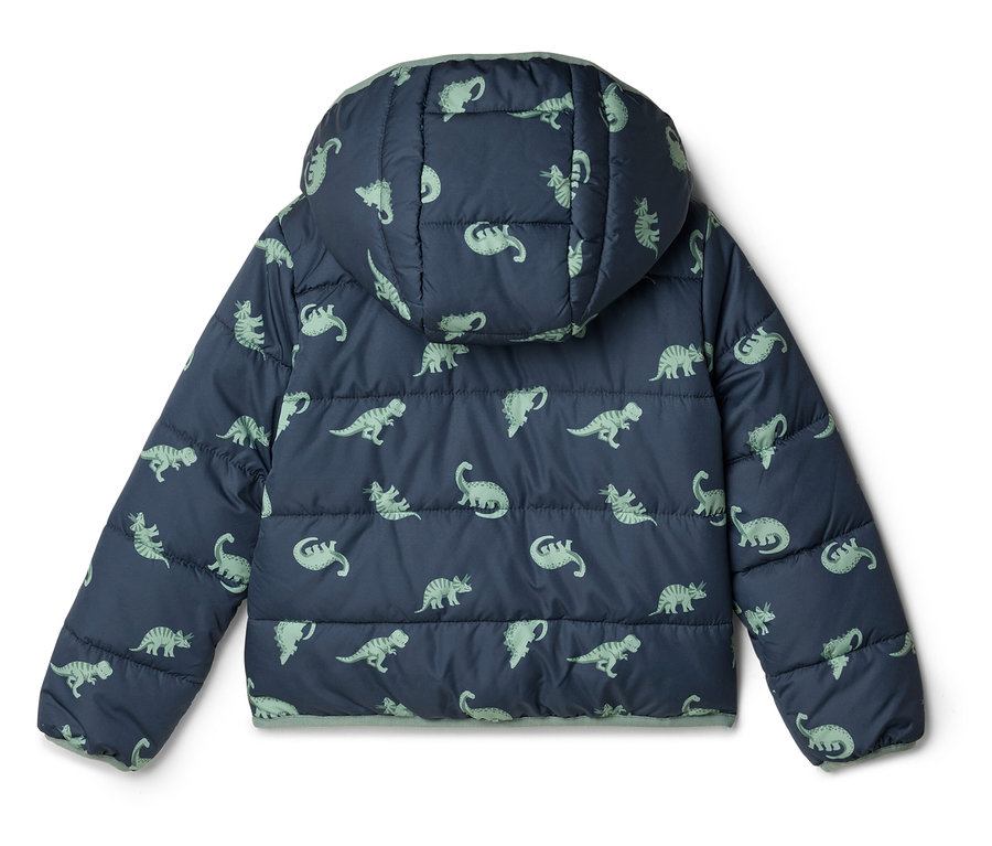 Tmavomodrá prešívaná bunda s kapucňou so svetlozeleným vzorom dinosaura, fotená zozadu.