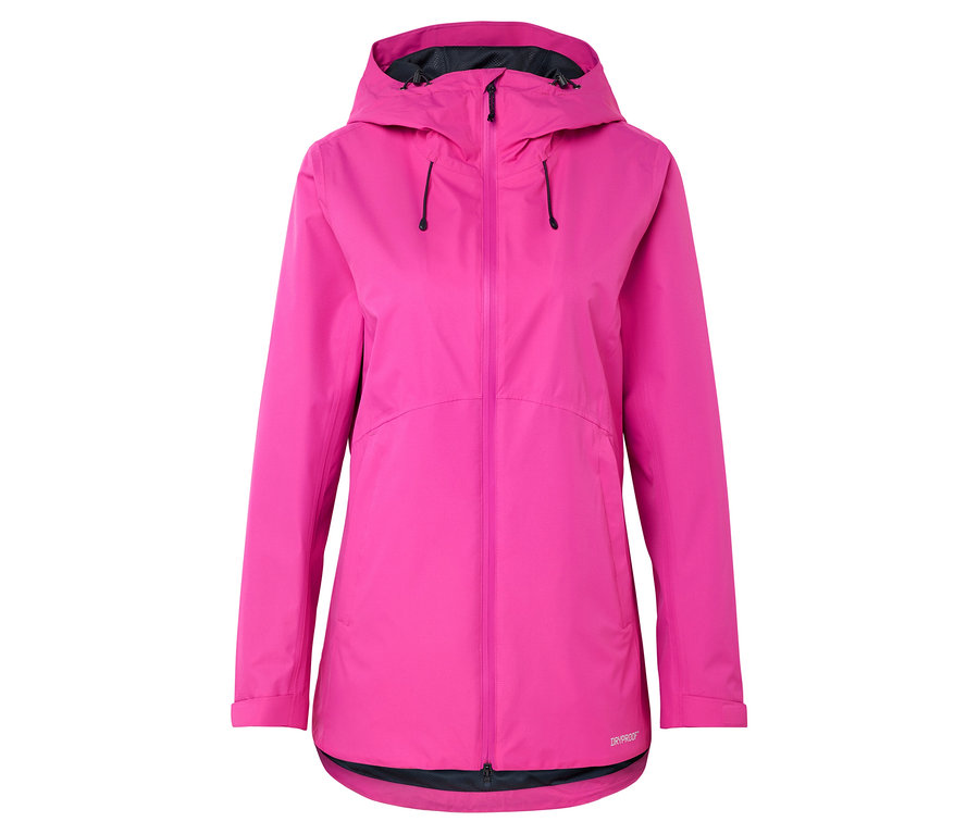Ružová, dlhá dažďová bunda s kapucňou, predným zipsom a šnúrkou.