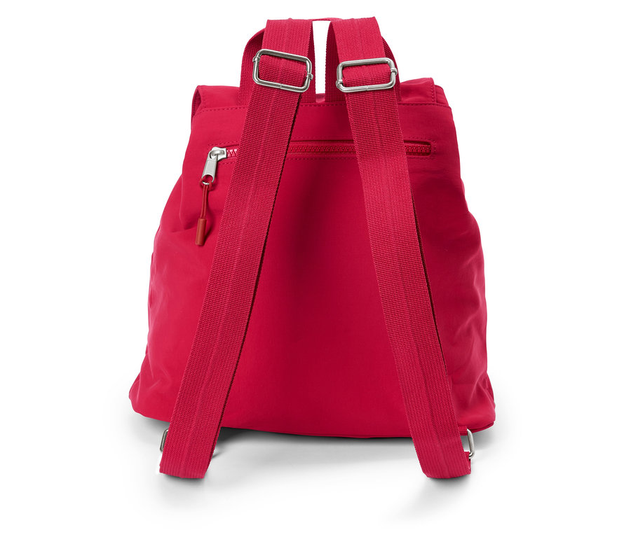 Pohľad zozadu na červený ruksak s nastaviteľnými popruhmi a striebornými prackami.