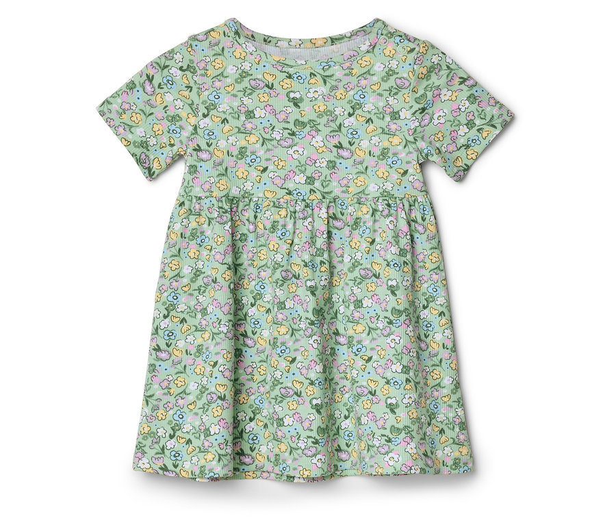Zelené šaty s krátkym rukávom s kvetinovým vzorom v žltej, modrej a ružovej farbe.