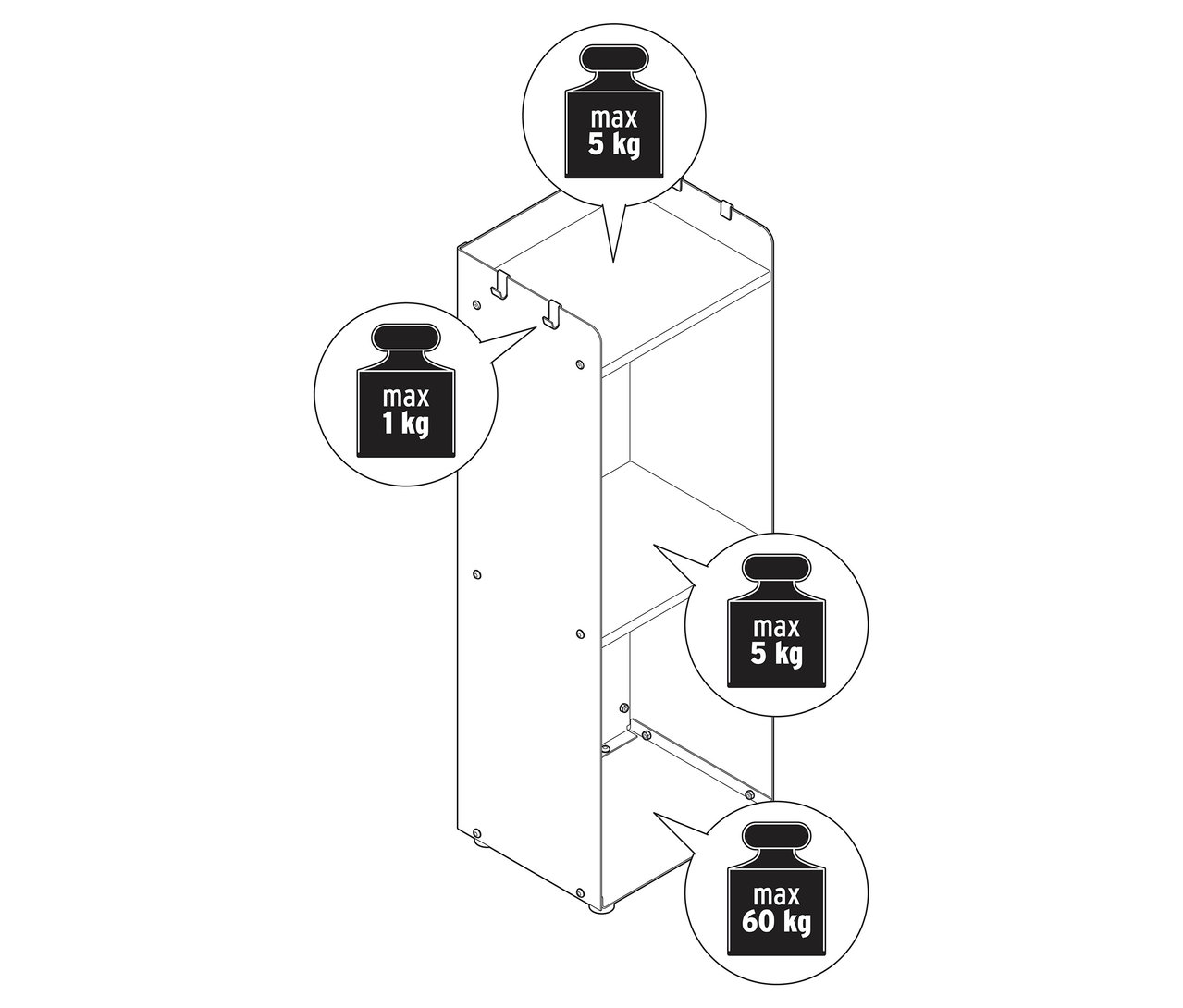 Obrázok vysokého regálu na krbové drevo s odkladacou plochou a údajmi o hmotnosti.