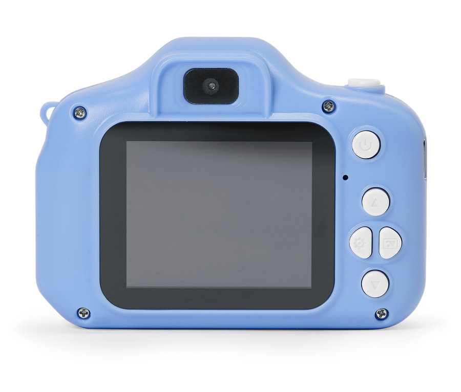 Pohľad zozadu na svetlomodrý detský fotoaparát s čiernou obrazovkou a bielymi tlačidlami na bielom pozadí.