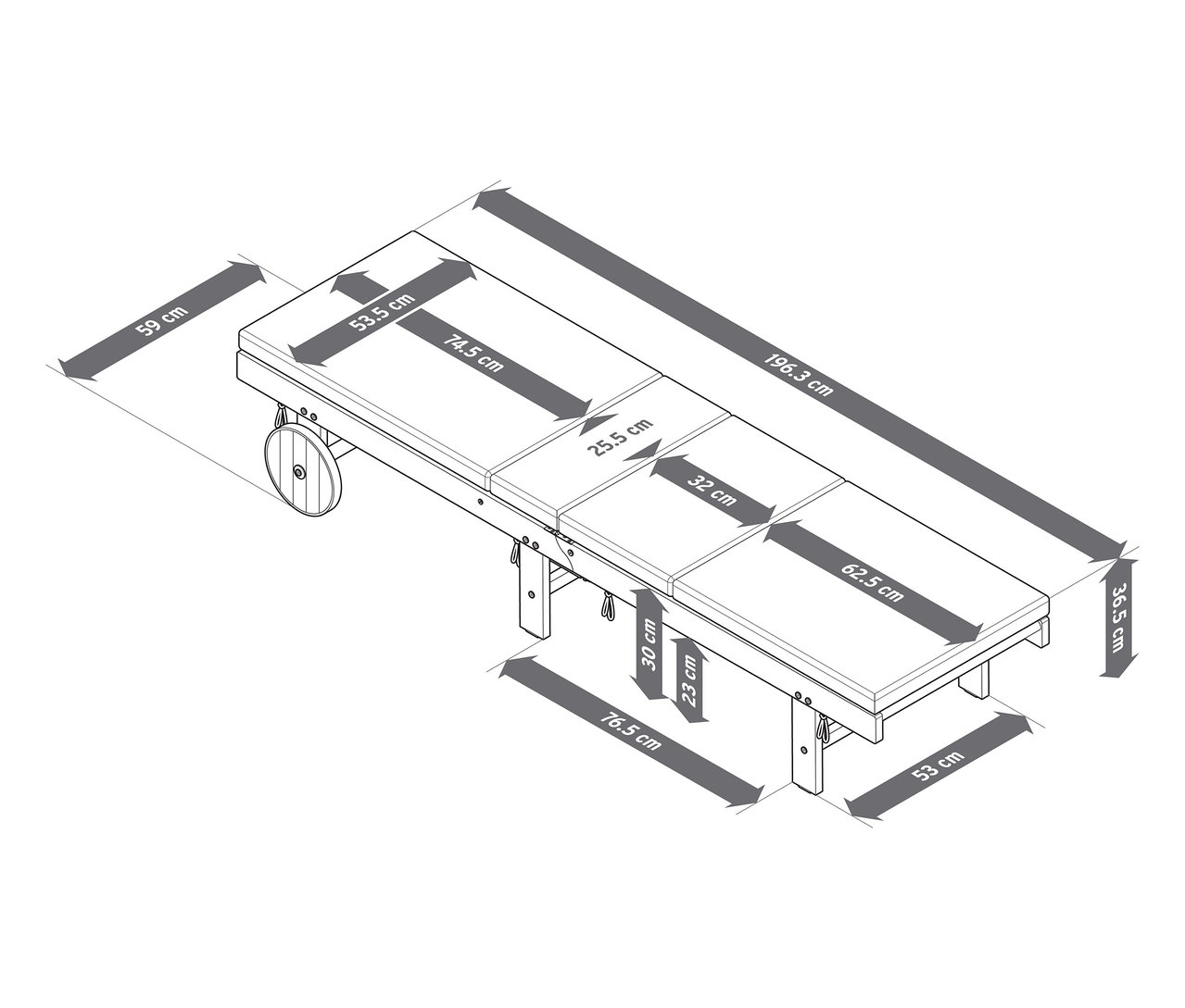 Nákres klasického záhradného ležadla s rozmermi.