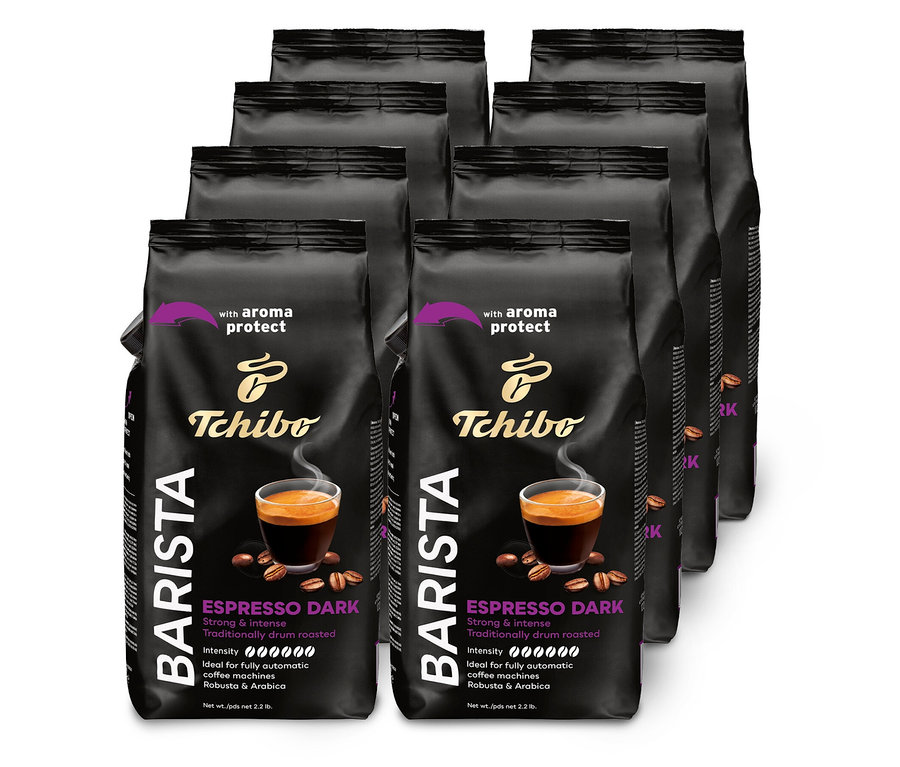 Osem balení zrnkovej kávy BARISTA Espresso Dark - zrnková káva, 8x 1 kg, zoradených.