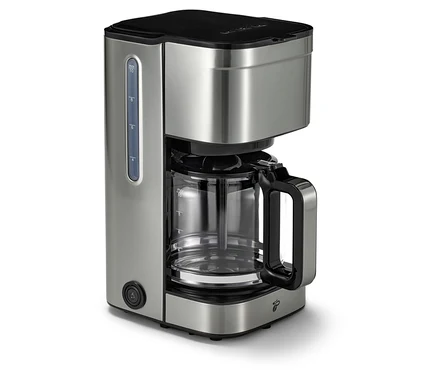 Detailný záber na strieborný kávovar na prekvapkávanú kávu »Let's Brew«.