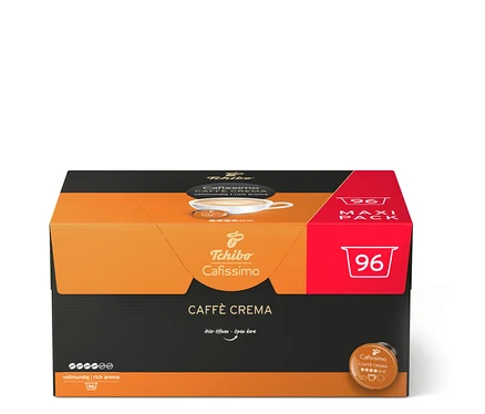 Oranžovo-čierna krabica s 96 kávovými kapsulami Tchibo Cafissimo Caffè Crema.