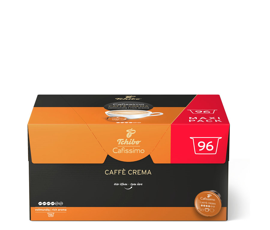 Oranžovo-čierna krabica s 96 kávovými kapsulami Tchibo Cafissimo Caffè Crema.