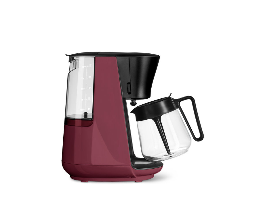 Malinový kávovar na prekvapkávanú kávu »Let's Brew« s priehľadnou nádobou na vodu a sklenenou kanvicou.