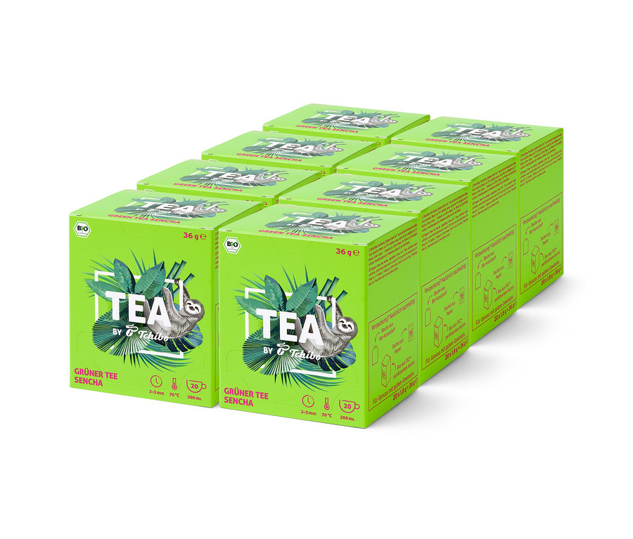 Deväť zelených balení čaju Green Tea Sencha od spoločnosti Tchibo s obrázkom leňochoda je usporiadaných v mriežke 3x3.