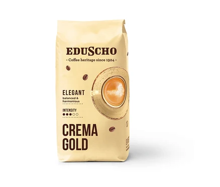 Béžové balenie zrnkovej kávy Eduscho Crema Gold s obrázkom šálky kávy a zŕn.