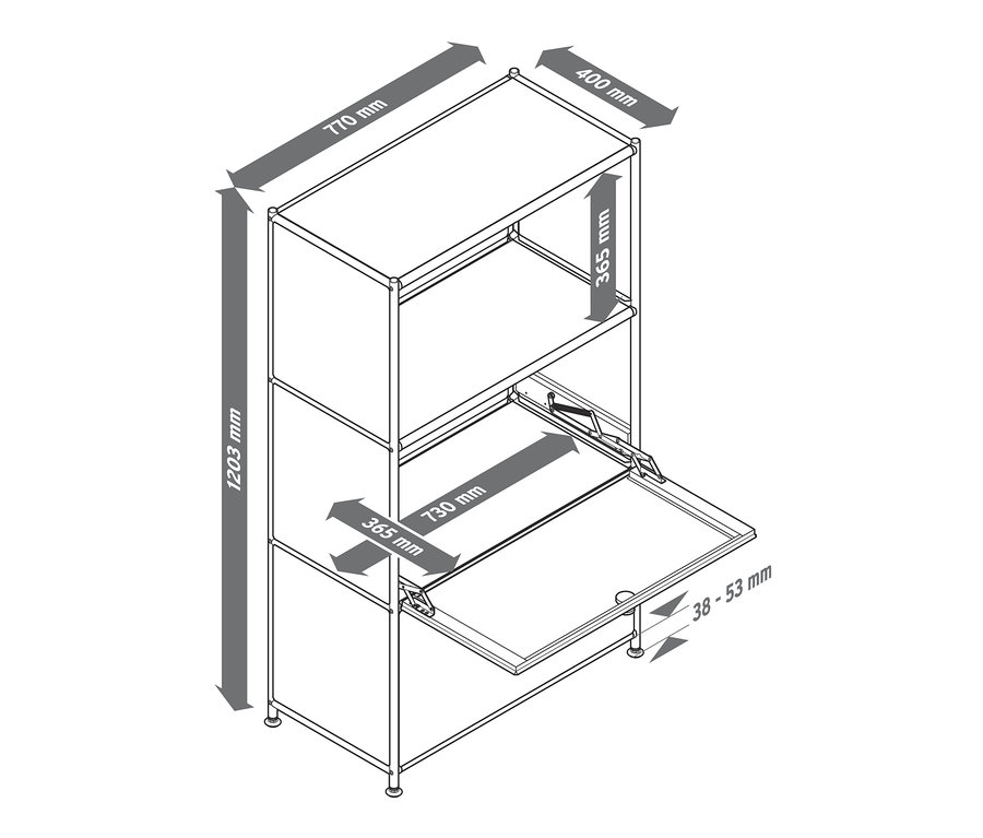 Nákres kovového regálu s 2 nastaviteľnými výklopnými priehradkami a rozmermi.