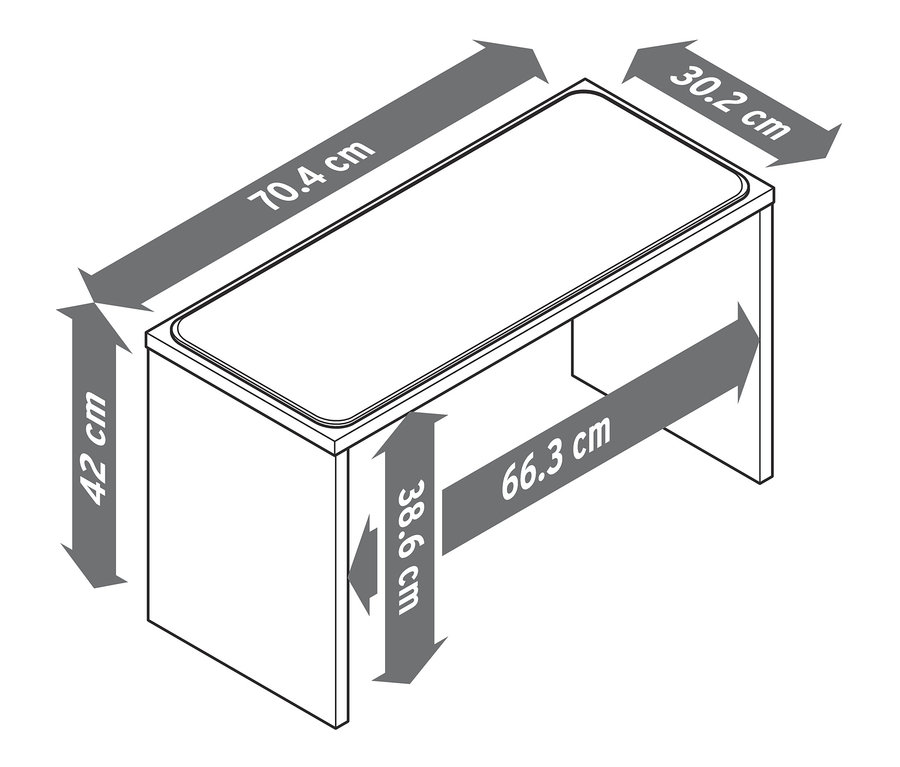 Schéma lavice s úložnými boxmi a multiplexovými hranami z pravého dreva zobrazujúca rozmery.