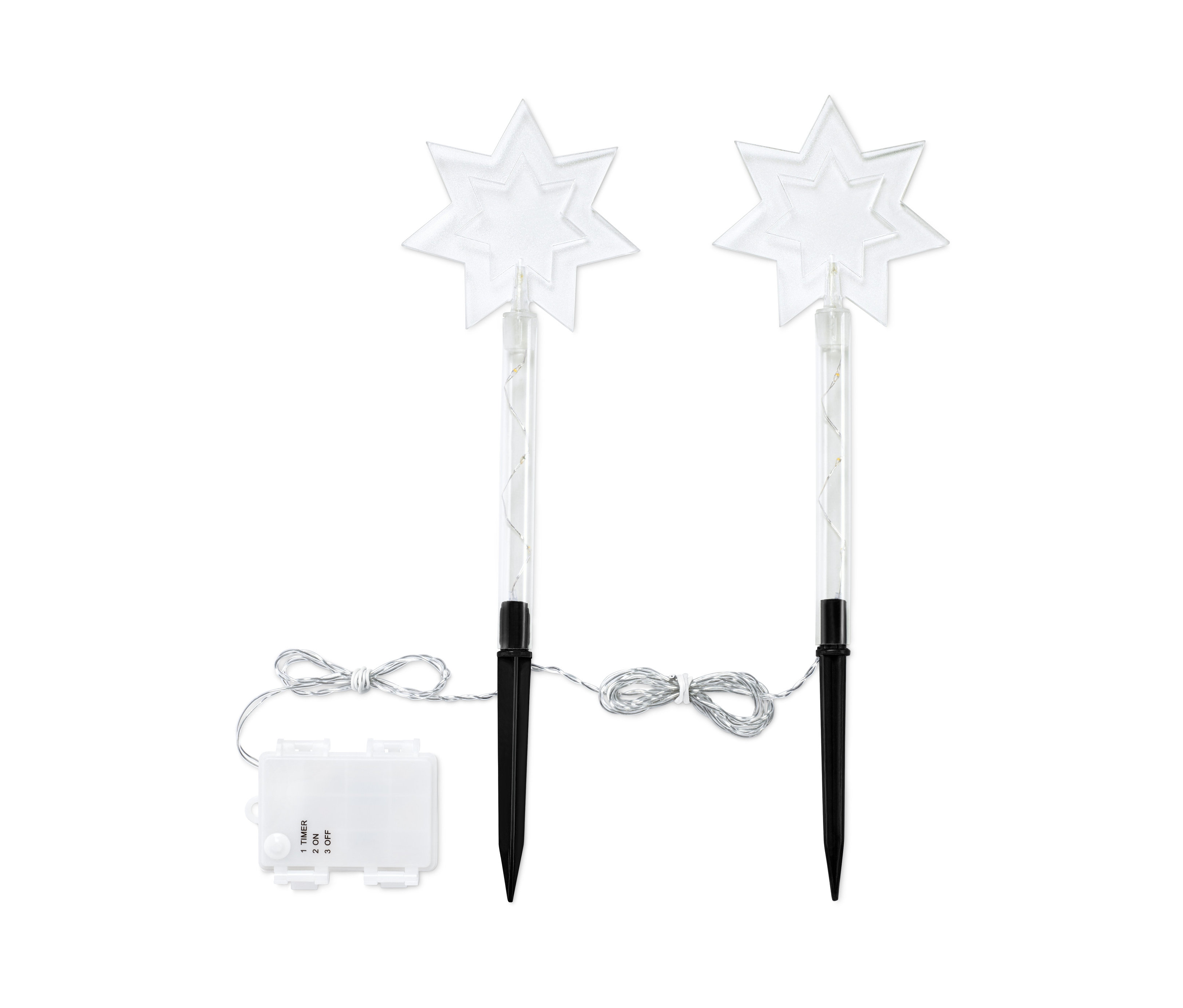 Dve zapichovacie dekorácie do záhrady s LED v tvare hviezdy.