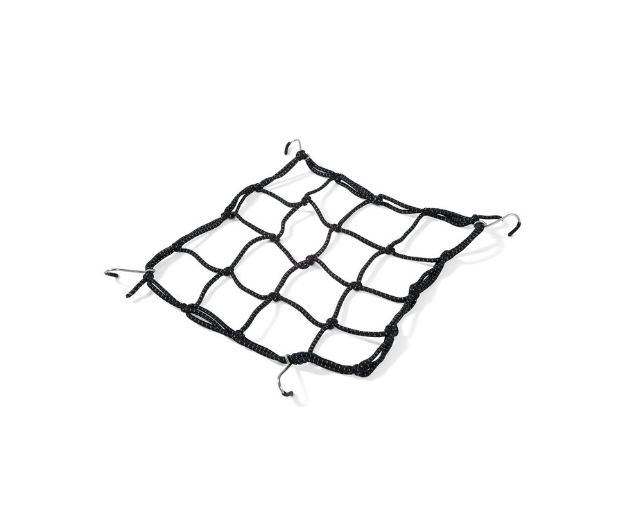 Čierna sieť na batožinu na bicykel s háčikmi v rohoch.