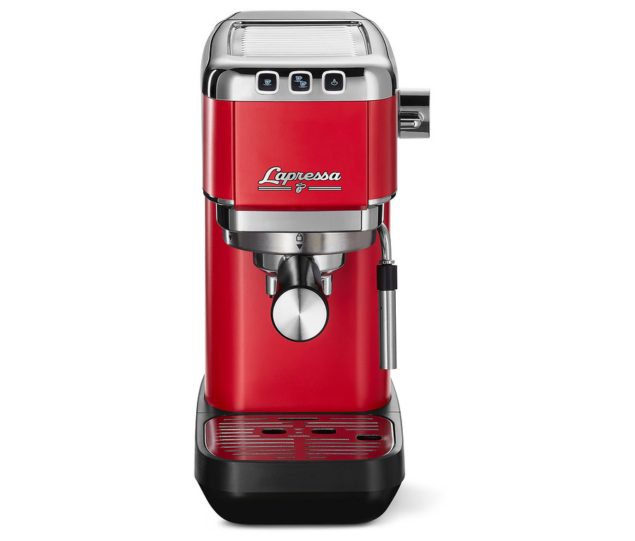 Červený pákový kávovar »Lapressa«.