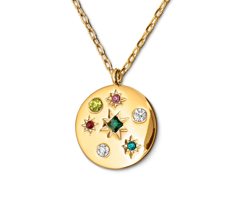 Zlatý náhrdelník s okrúhlym viacfarebným príveskom.