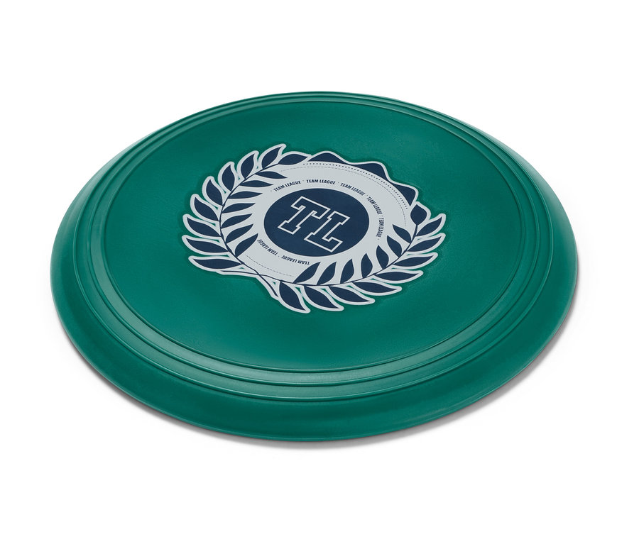 Zelený mäkký lietajúci tanier s logom na bielom pozadí.