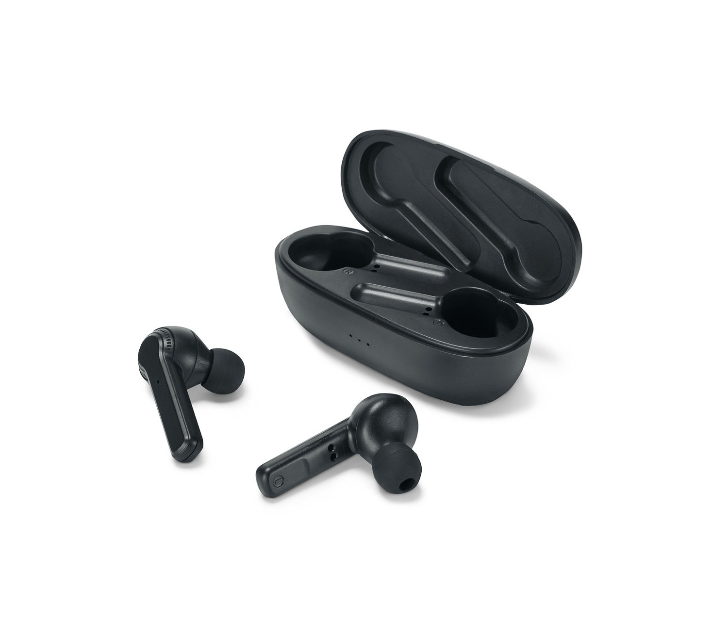 Čierne slúchadlá do uší TWS s Bluetooth® a otvorené čierne nabíjacie puzdro na bielom pozadí.
