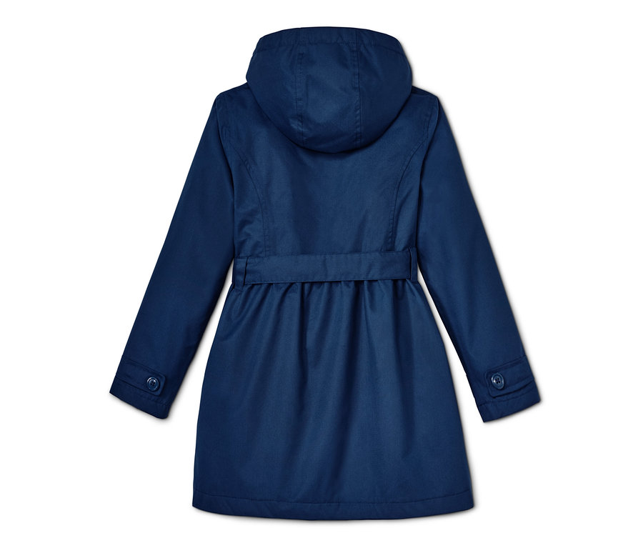 Modrý trenčkot do každého počasia s kapucňou a opaskom.