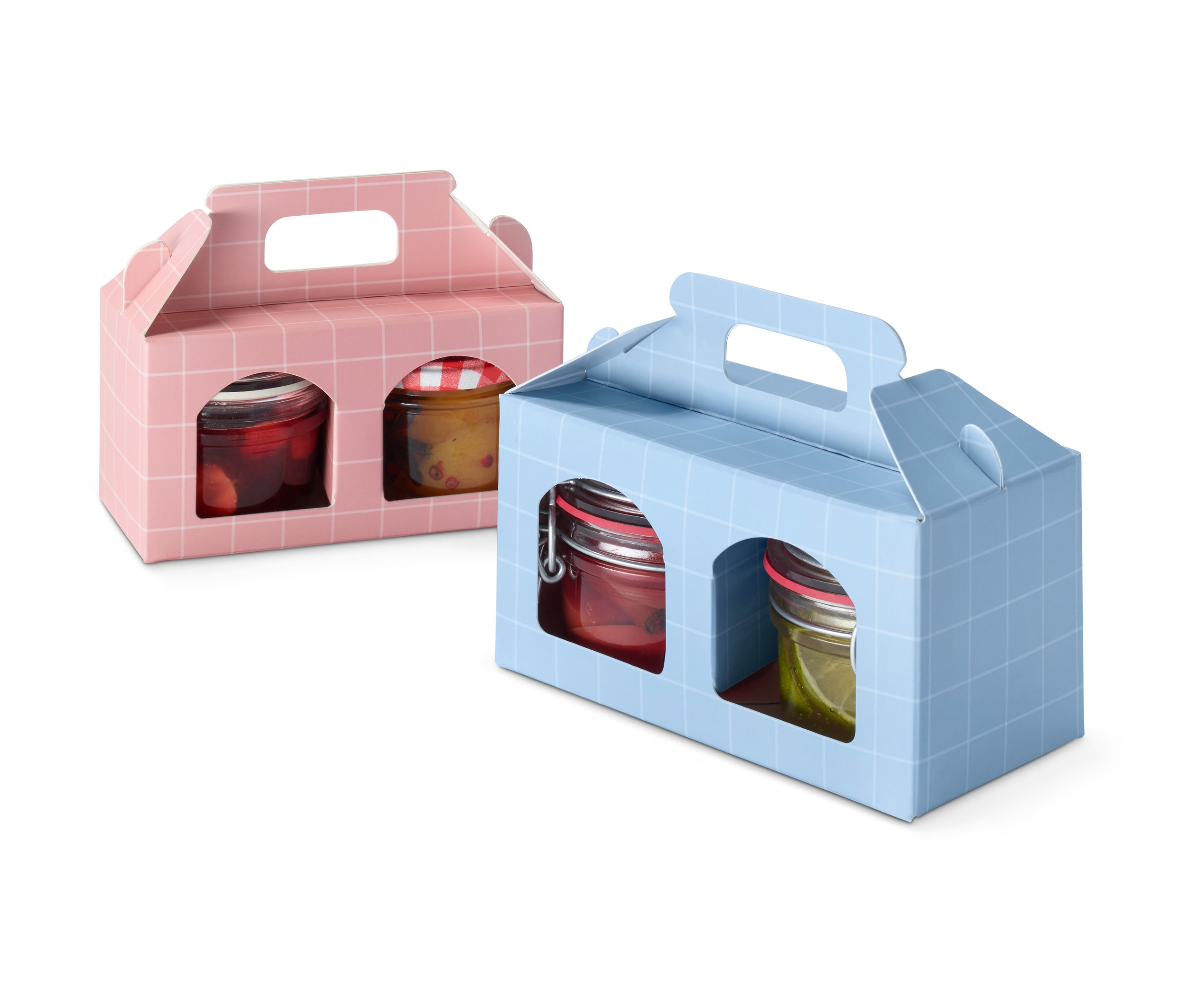 Dve darčekové balenia na poháre, jedno ružové a jedno modré, každé s dvoma pohármi s rôznym obsahom.