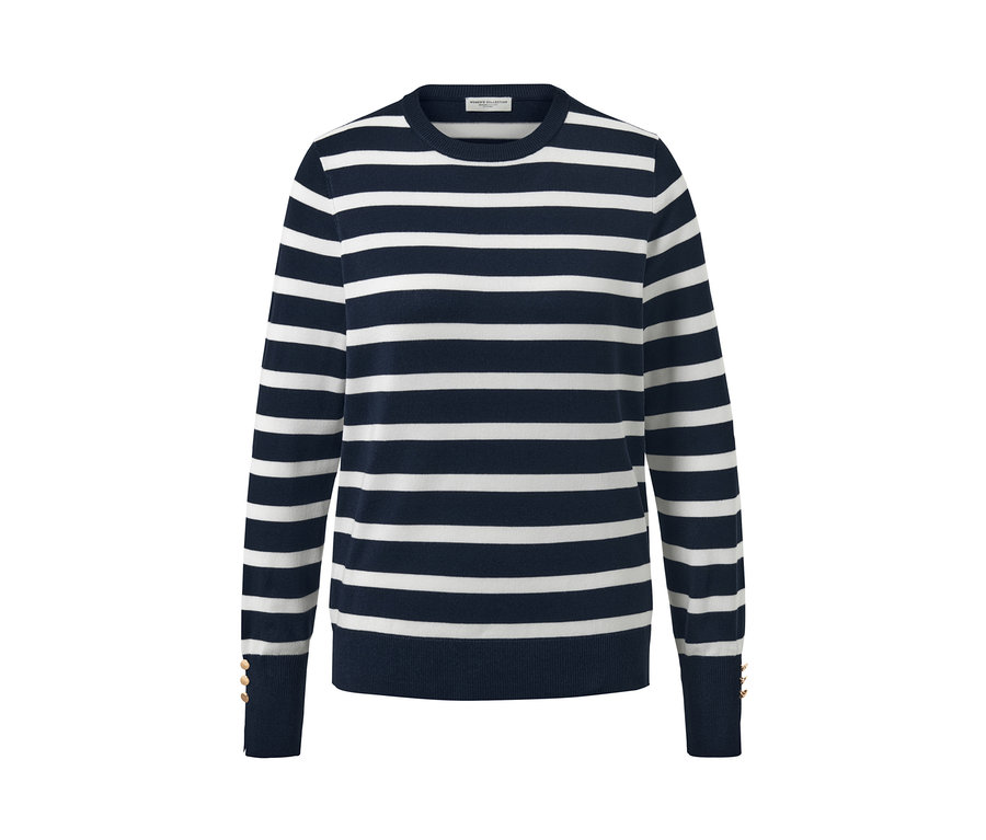 Námornícka modrá pruhovaný pulóver z jemného úpletu.