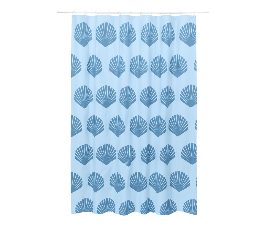 Modrý záves do sprchy s motívom mušlí.