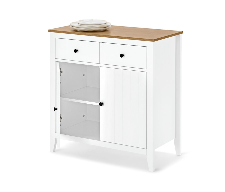 Biela odkladacia skrinka s drevenou doskou, dvomi zásuvkami a otvorenými dvierkami.