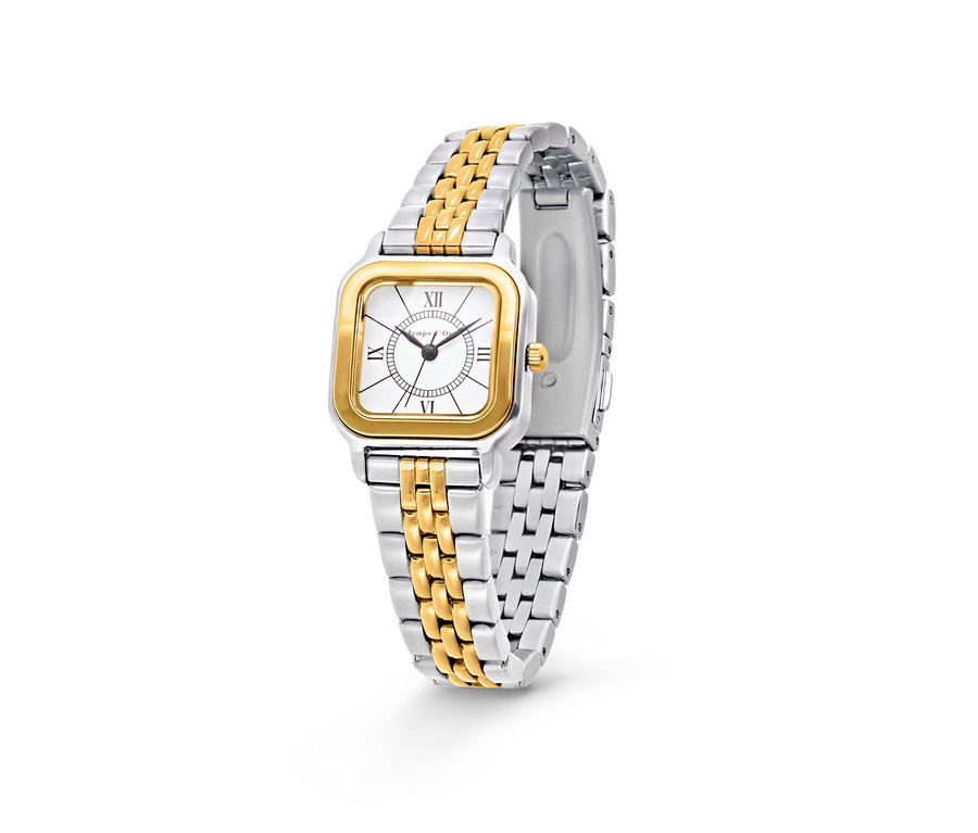 Detail dámskych dvojfarebných hodiniek z ušľachtilej ocele.