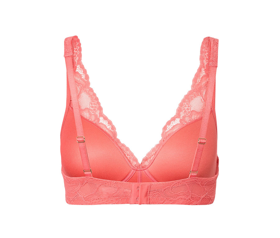 Detail zadnej strany podprsenky s mäkkými košíčkami v papájovej farbe s čipkovanými detailmi.