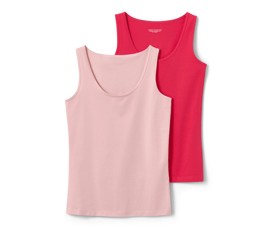 Dve fuksiové a ružové tielka ležia na sebe.