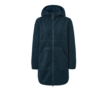 Tmavomodrý plyšový kabát v oversize štýle s kapucňou a zipsom.
