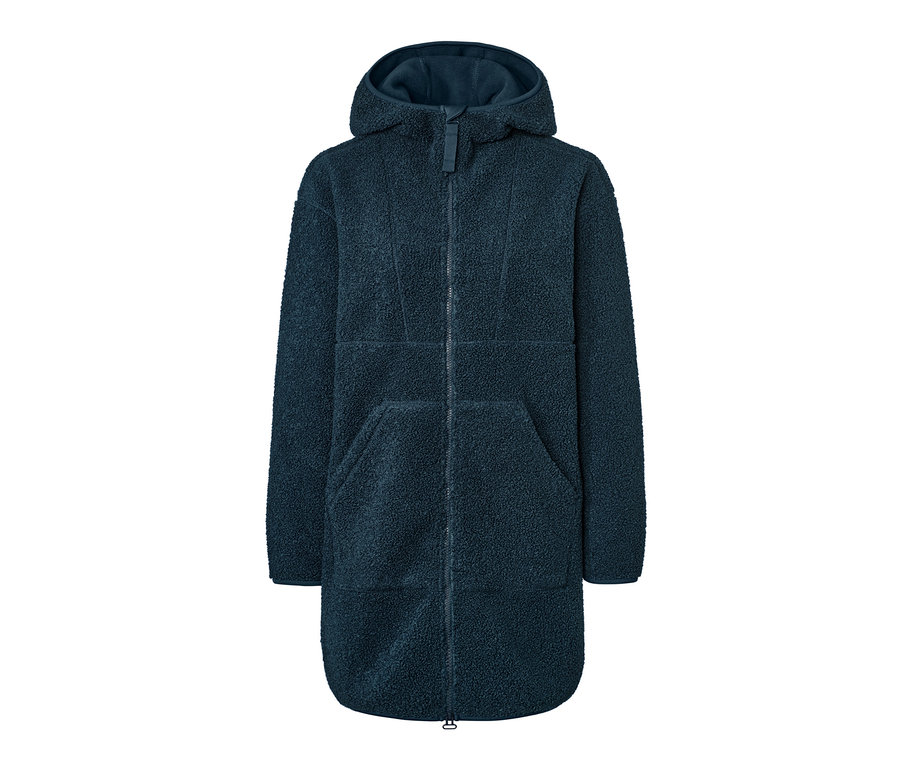 Tmavomodrý plyšový kabát v oversize štýle s kapucňou a zipsom.