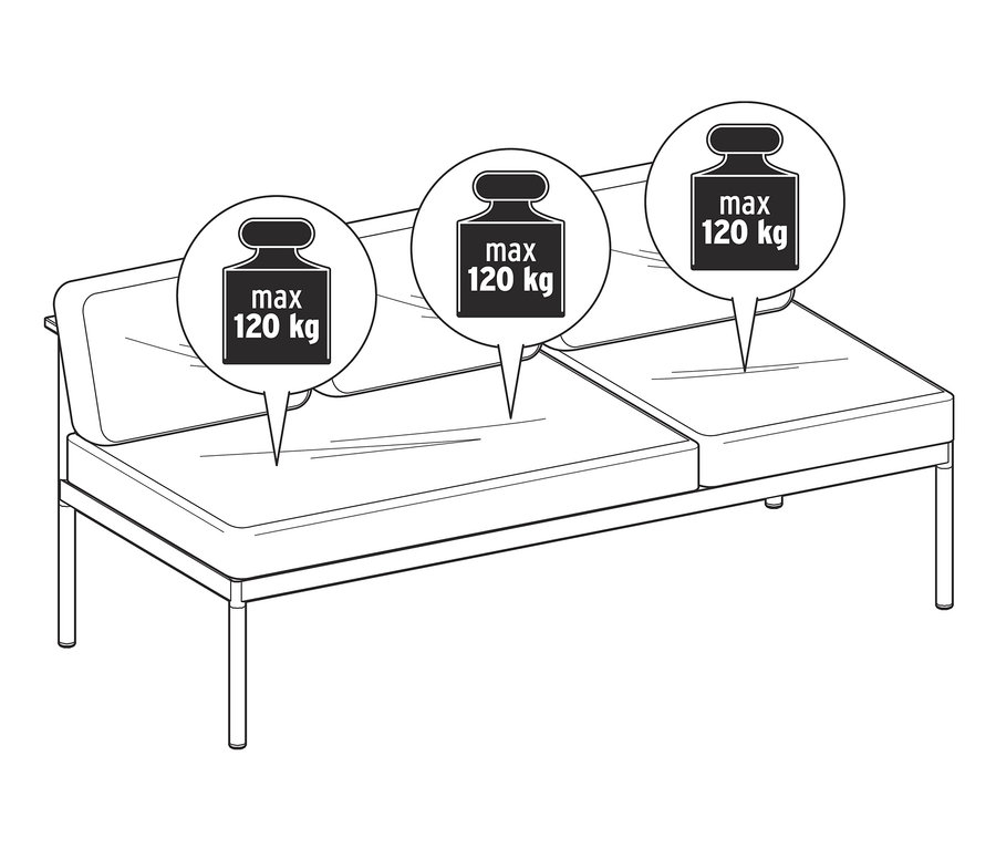 Nákres jedálenského lavicového ležadla 2 v 1 »Elin« s maximálnou nosnosťou 120 kg.