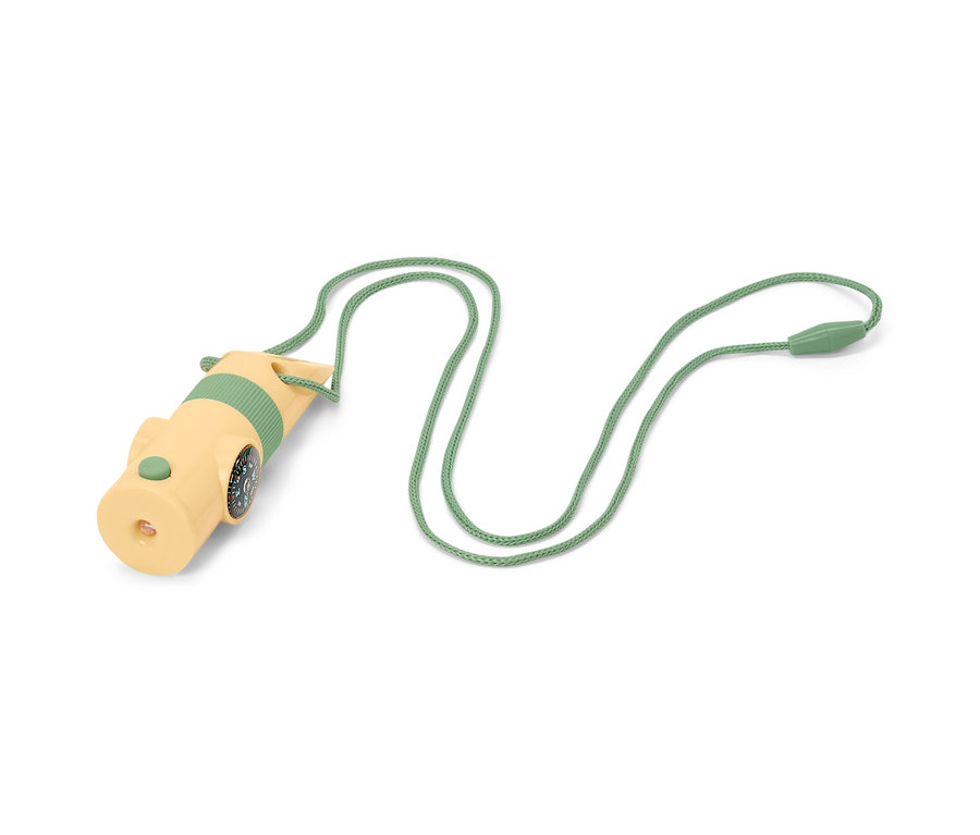 Žltý kompaktný outdoorový nástroj so zelenou šnúrkou.