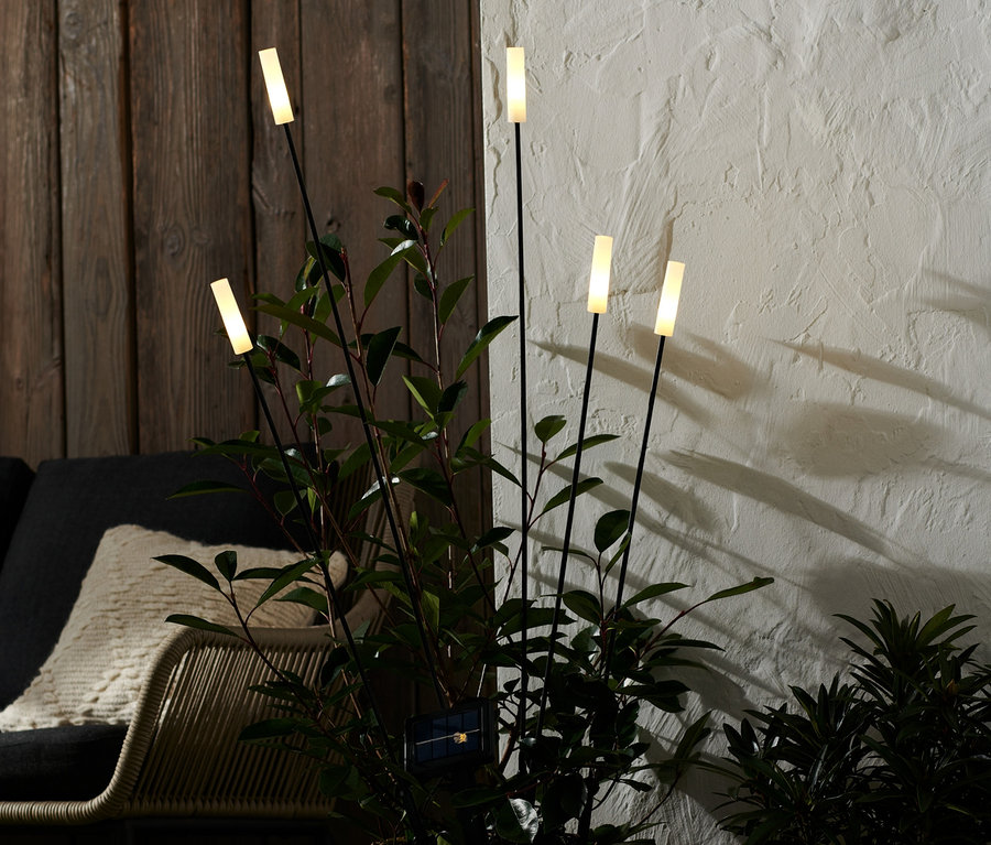 Prútený kvetináč s rastlinou a 5 záhradnými solárnymi svietidlami.