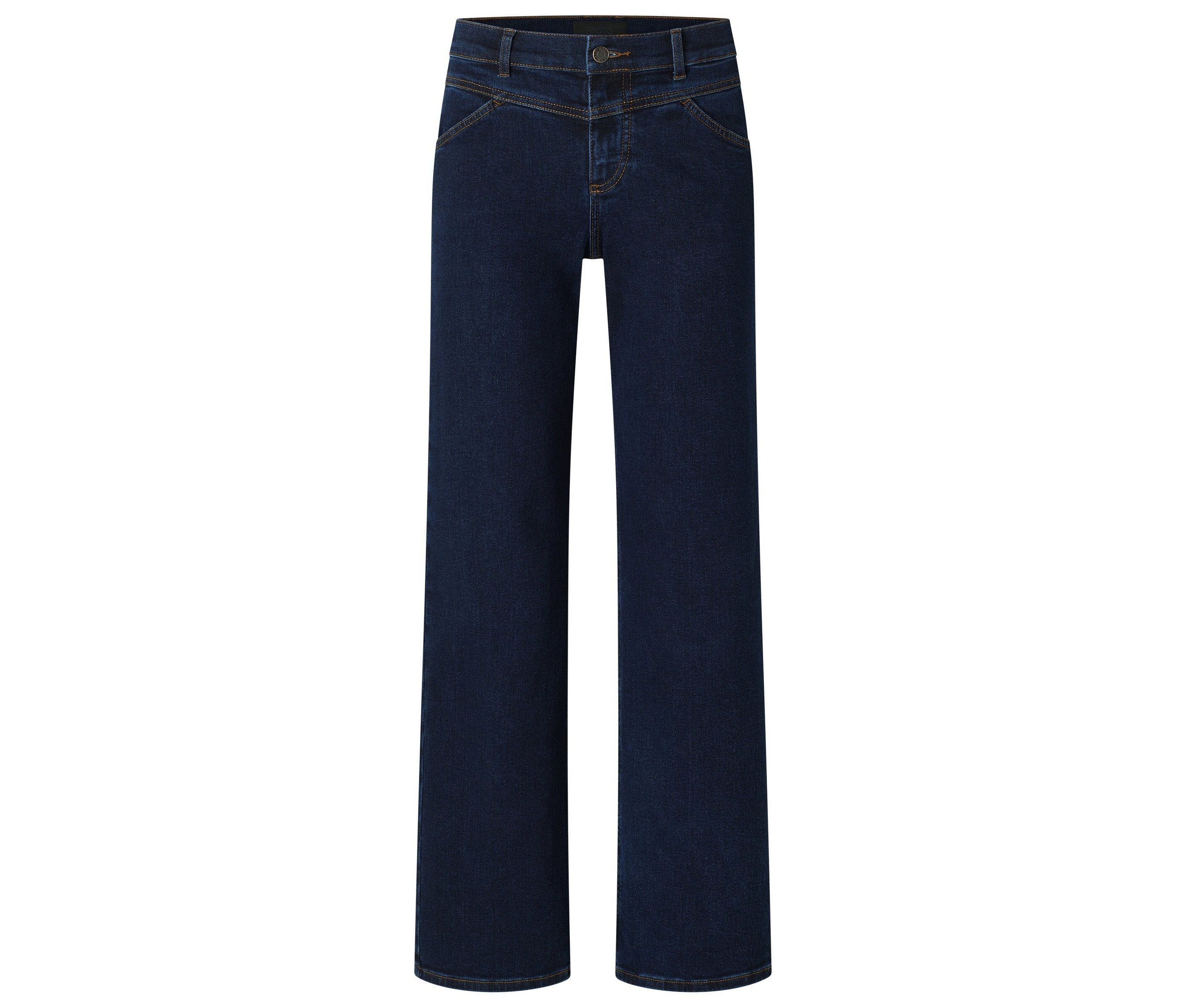 Tmavomodré džínsy so širokými nohavicami a zapínaním na gombík.