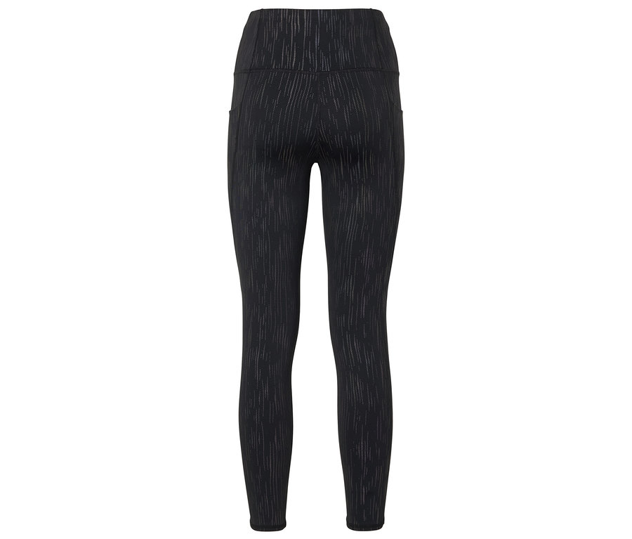 Čierne legíny s vysokým pásom a jemným vzorom.