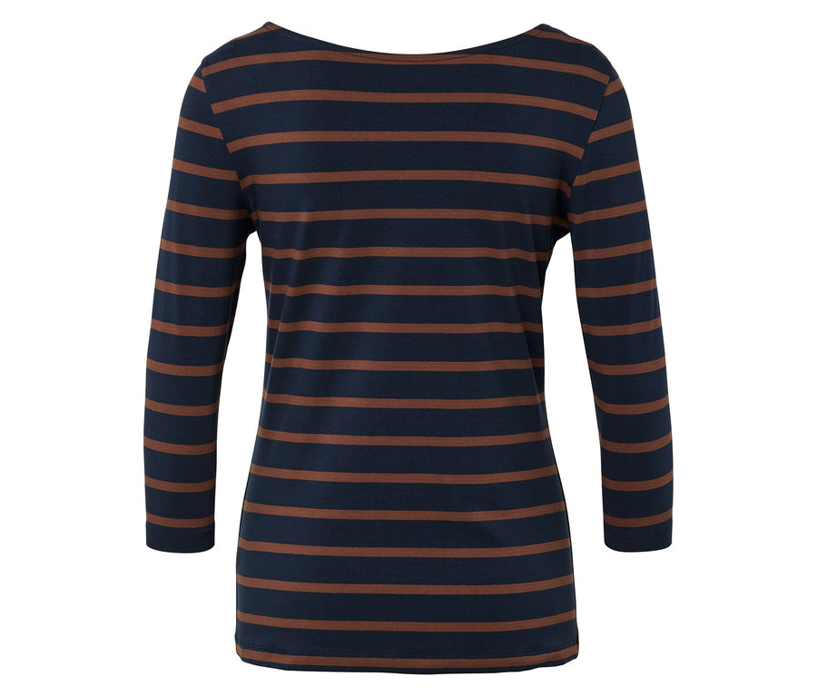 Dámske tričko s dlhým rukávom, modré s hnedými pruhmi.
