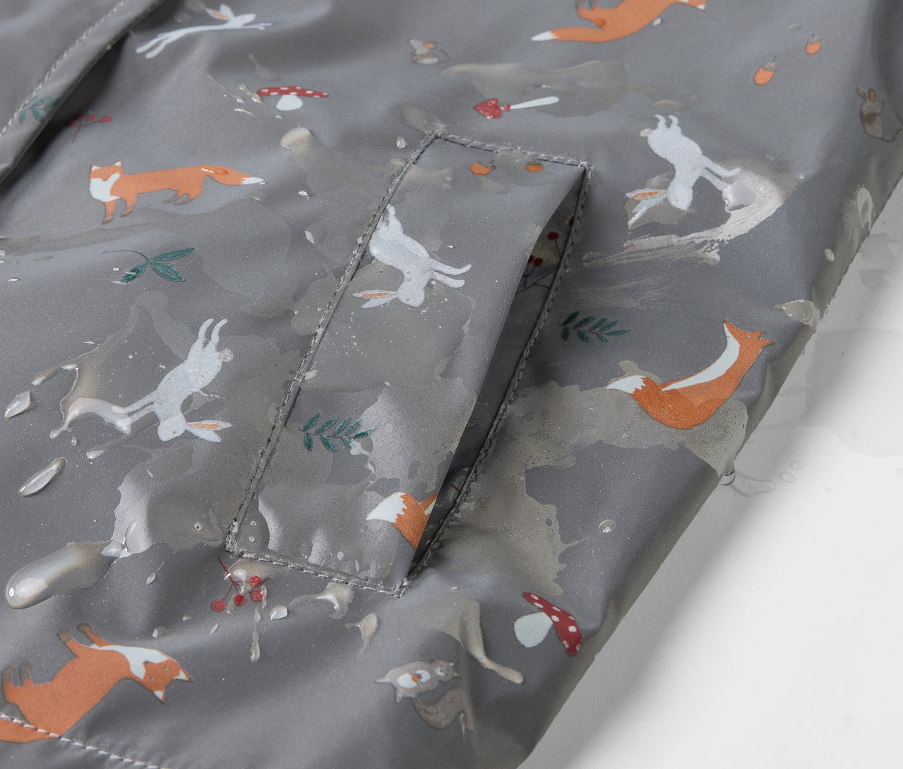 Detail detskej termo bundy do dažďa s líškami, zajacmi a hubami.