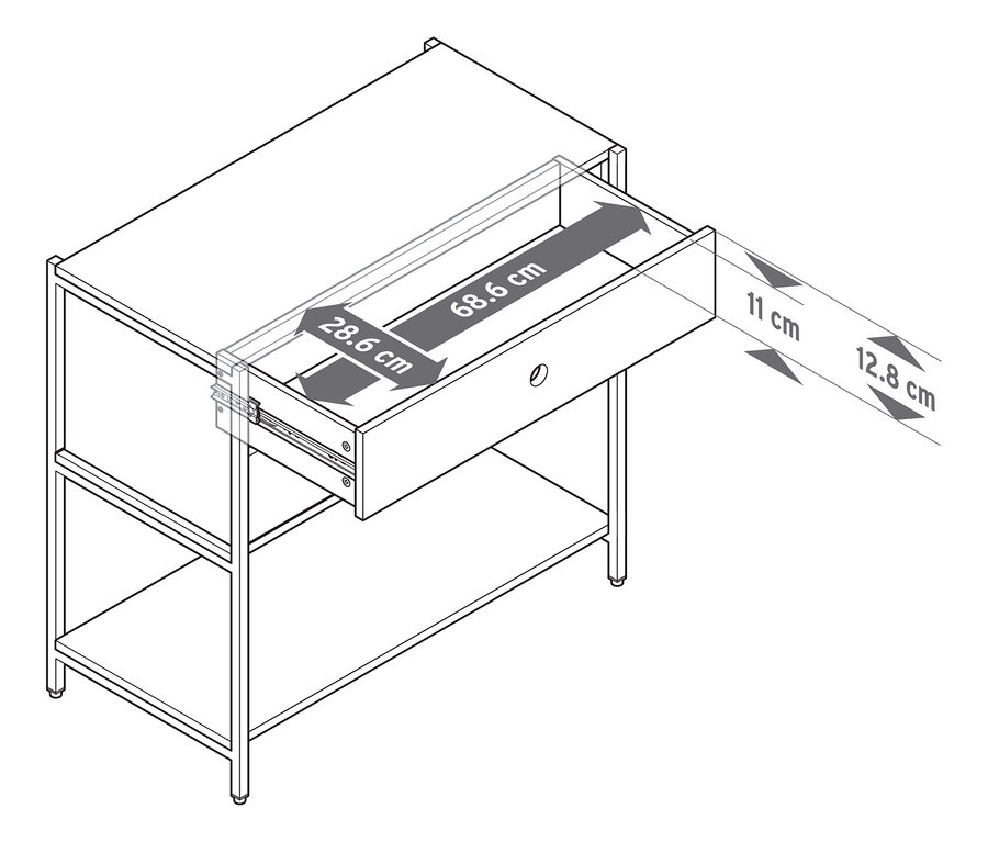 Nákres komody KLAAR s 2 zásuvkami s vytiahnutou hornou zásuvkou a uvedenými rozmermi.