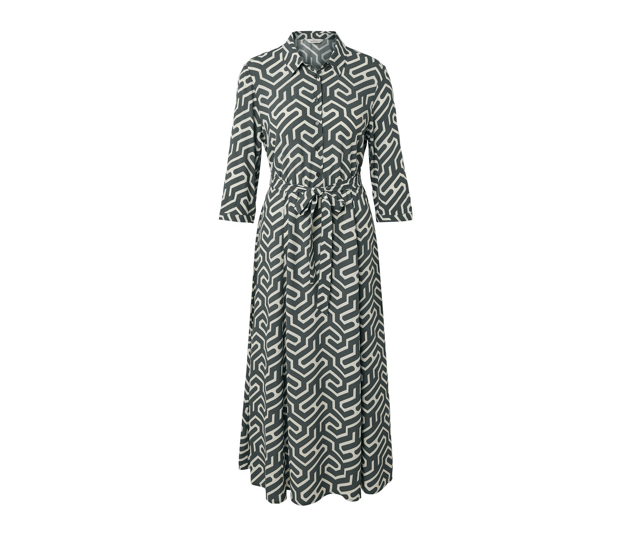 Košeľové šaty s potlačou so zapínaním na gombíky, trojštvrťovými rukávmi a opaskom.