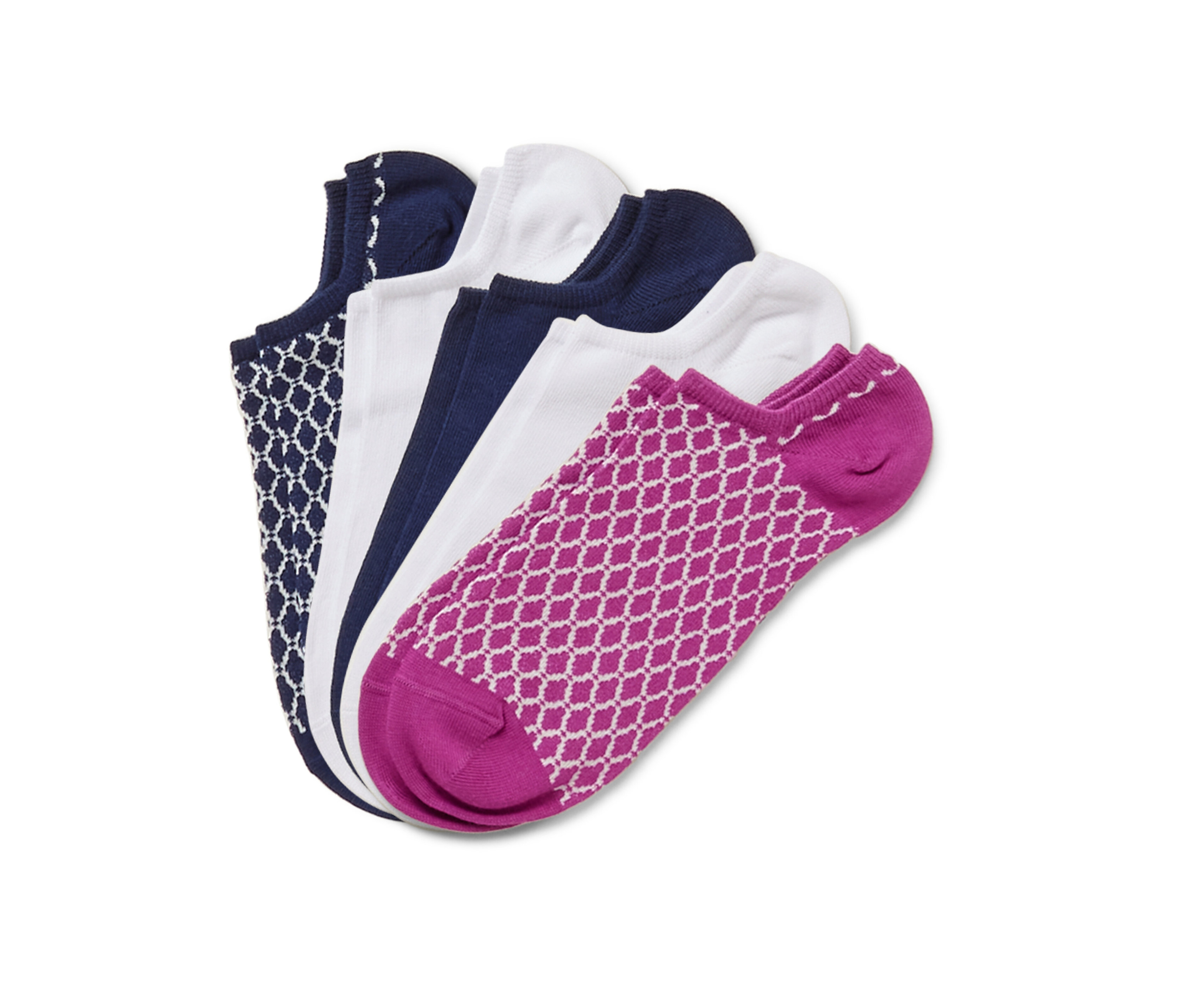 Päť párov krátkych ponožiek rôznych farieb a vzorov.