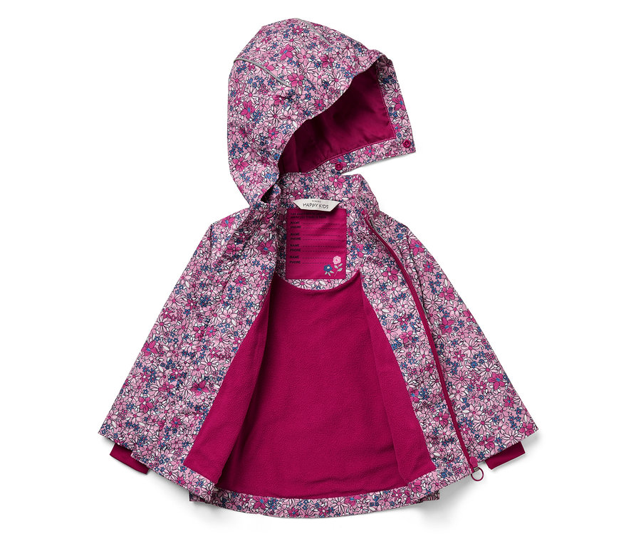 Otvorená bunda s kapucňou s kvetinovým vzorom a ružovou podšívkou.