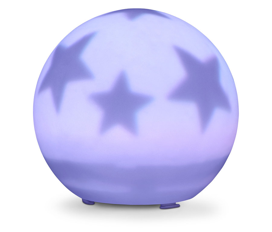 Guľovité nočné svetlo s hviezdami, ktoré stojí na malých nôžkach.