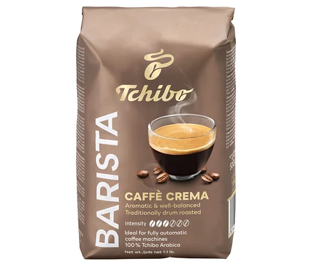 Balenie zrnkovej kávy Barista Caffè Crema 500g s šálkou kávy a kávovými zrnami.